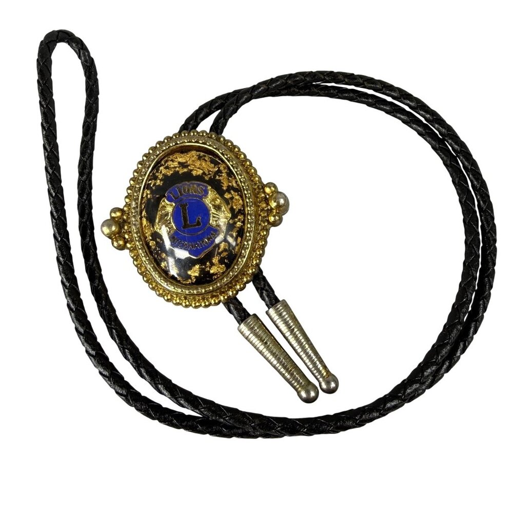 Vintage Lions Club International Bolo Tie Oval Slide Braided Cord Metal Tips